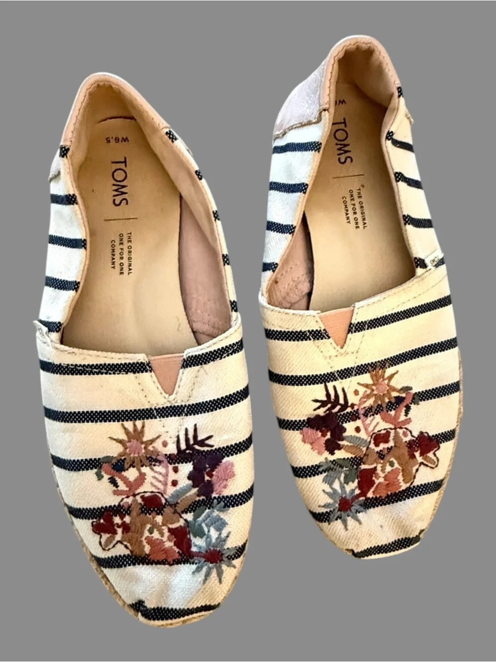 TOMS Cream Striped Embroidered Slip-On Flats
